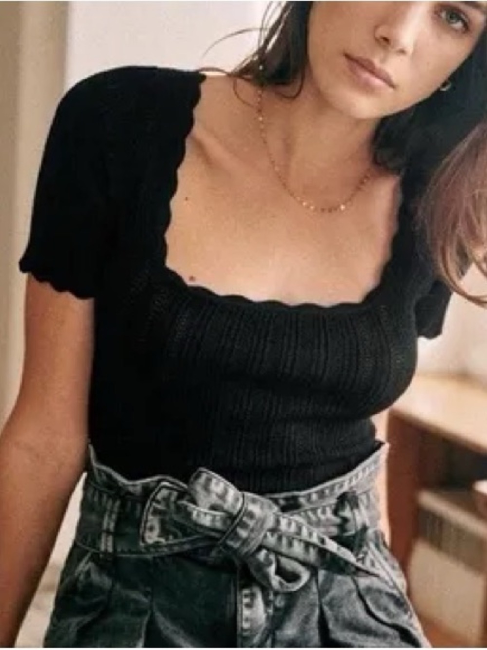 Sezane Anil Square Neck Ribbed Knit Top - Black